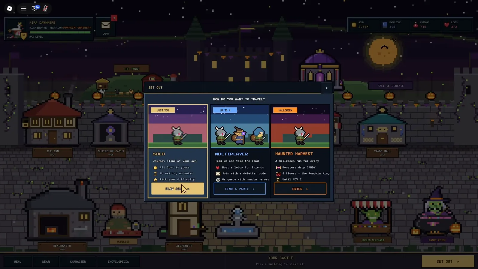 Pixel Lineage run mode options showing Solo, Multiplayer, and Halloween