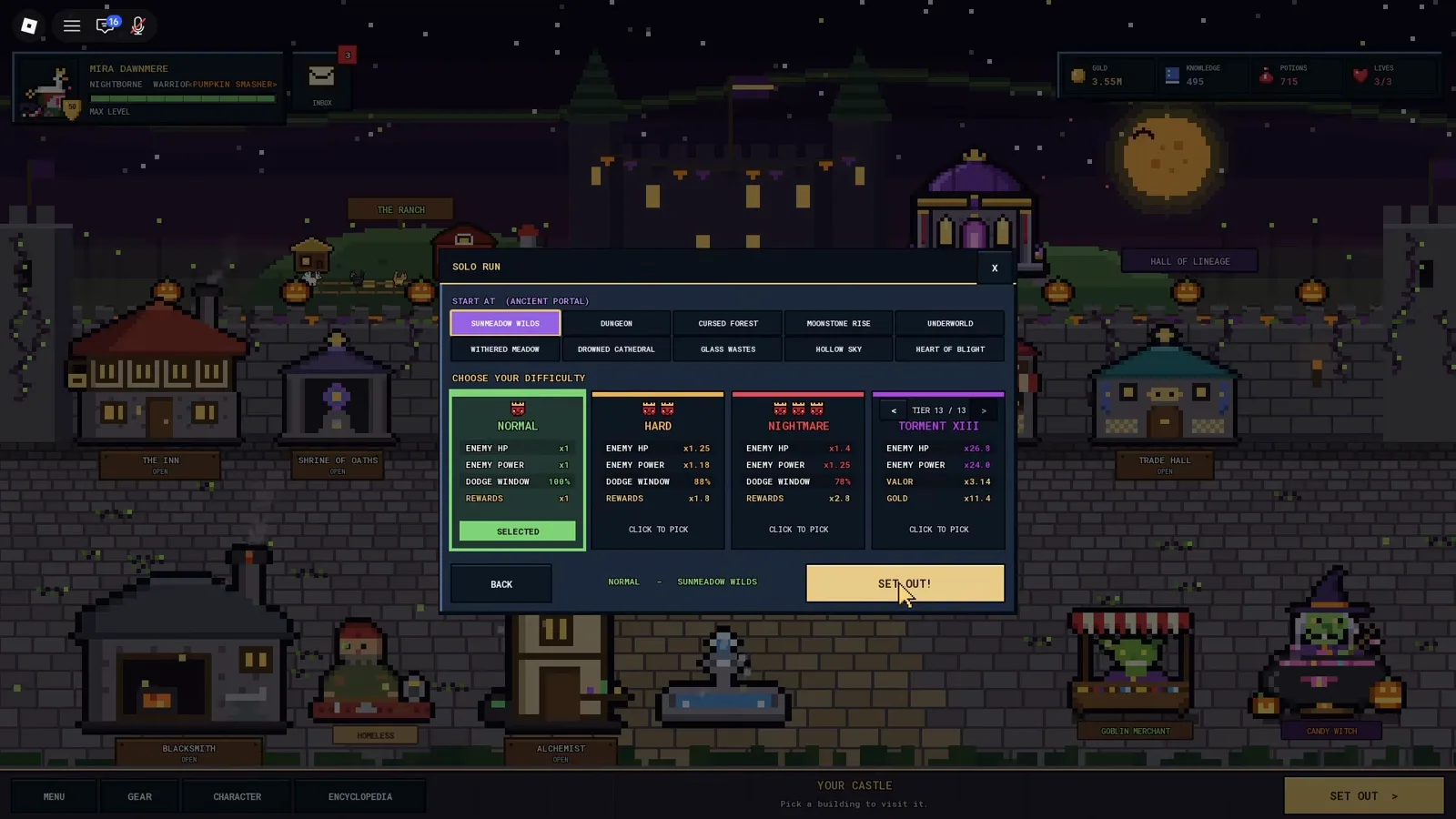 Pixel Lineage Solo Run difficulty selection with Normal highlighted