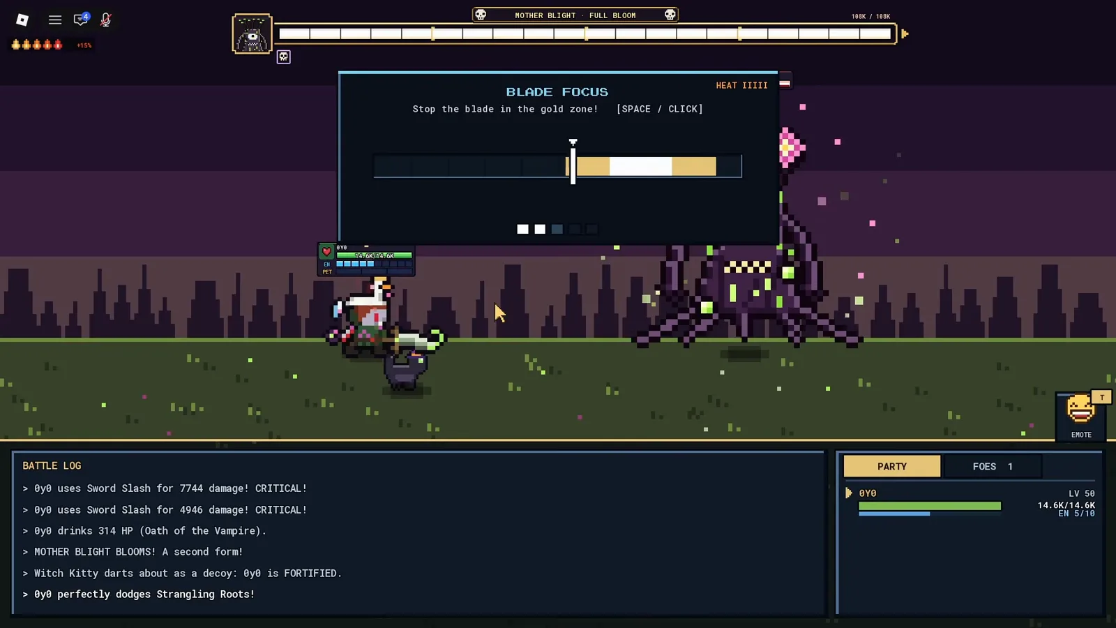 Pixel Lineage Blade Focus timing prompt with the gold zone