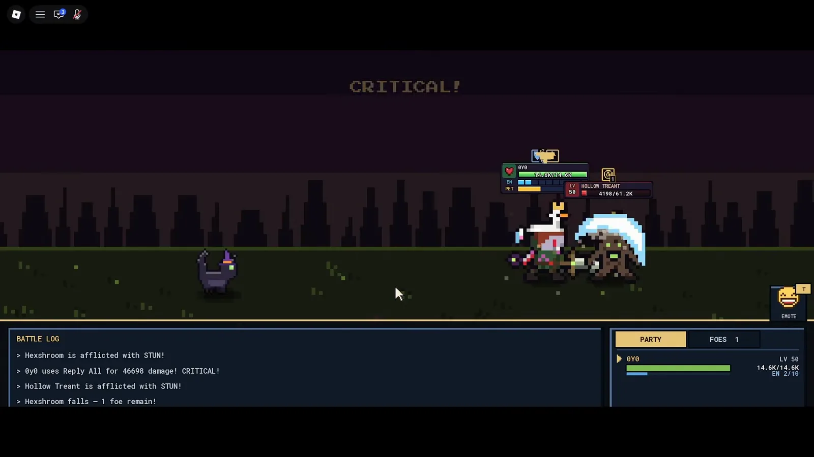 Pixel Lineage combat log showing a critical slash