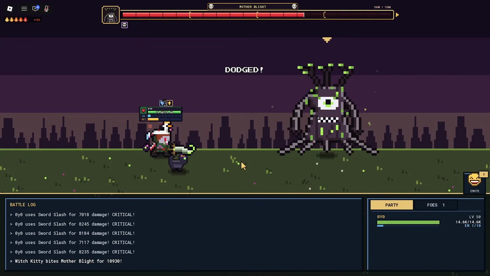 Pixel Lineage combat log showing a dodge